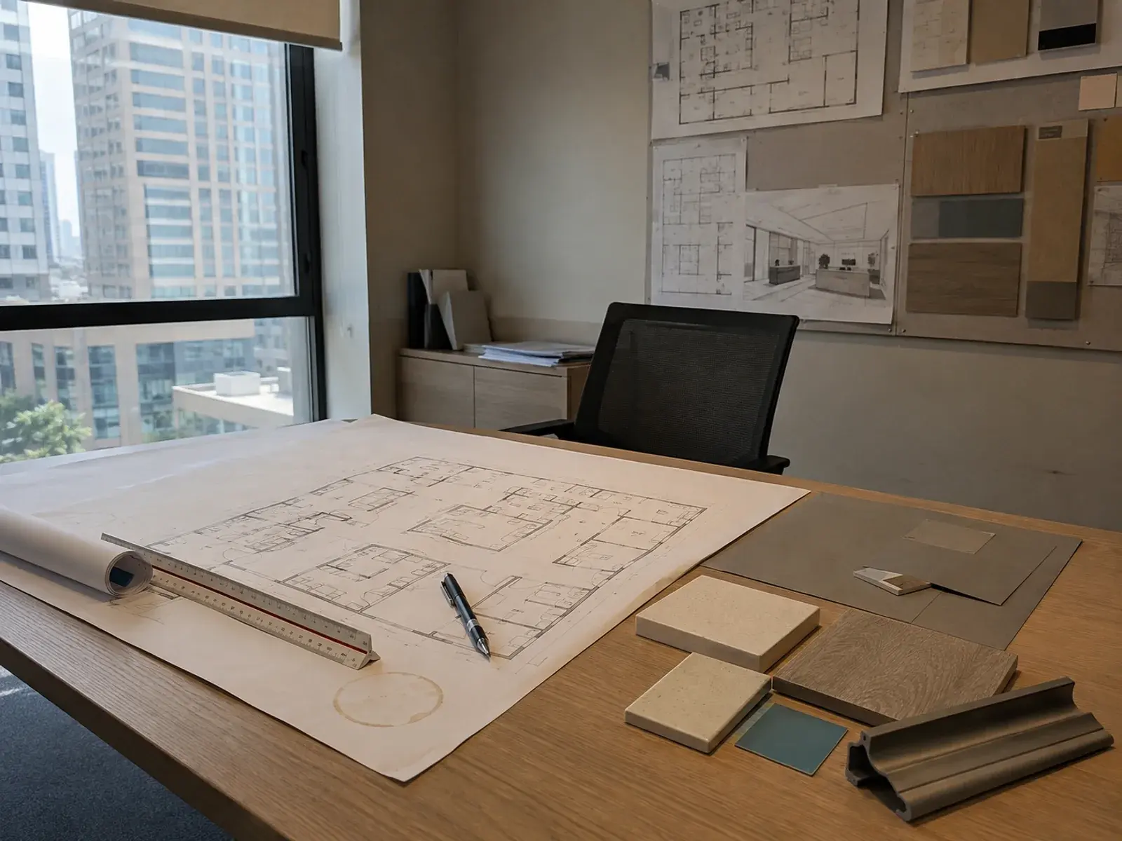 Clinic fit-out drawings, room layout and finish samples on a studio table in Dubai