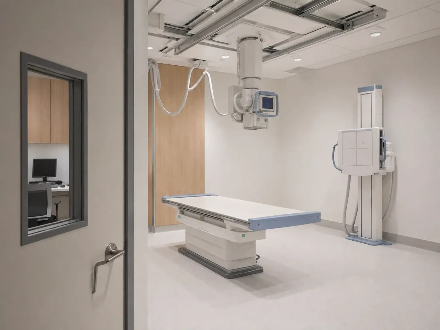 Digital X-ray room with a ceiling-mounted radiography system, lead-lined door and shielded control-room viewing panel