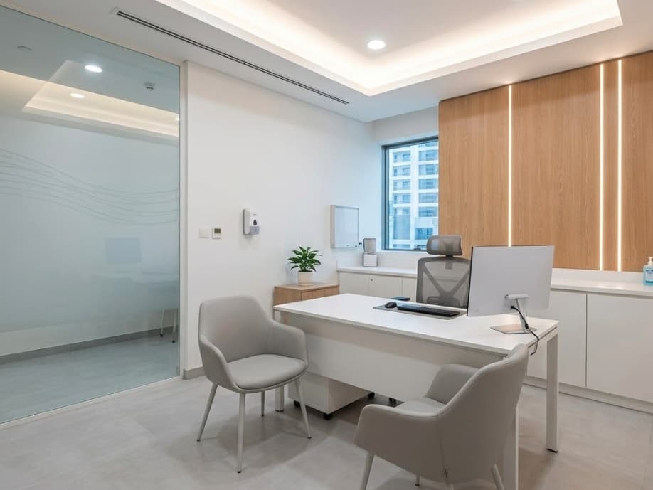 Clinic consultation room with a wall-hung desk, sealed white casework and a frosted sliding privacy screen