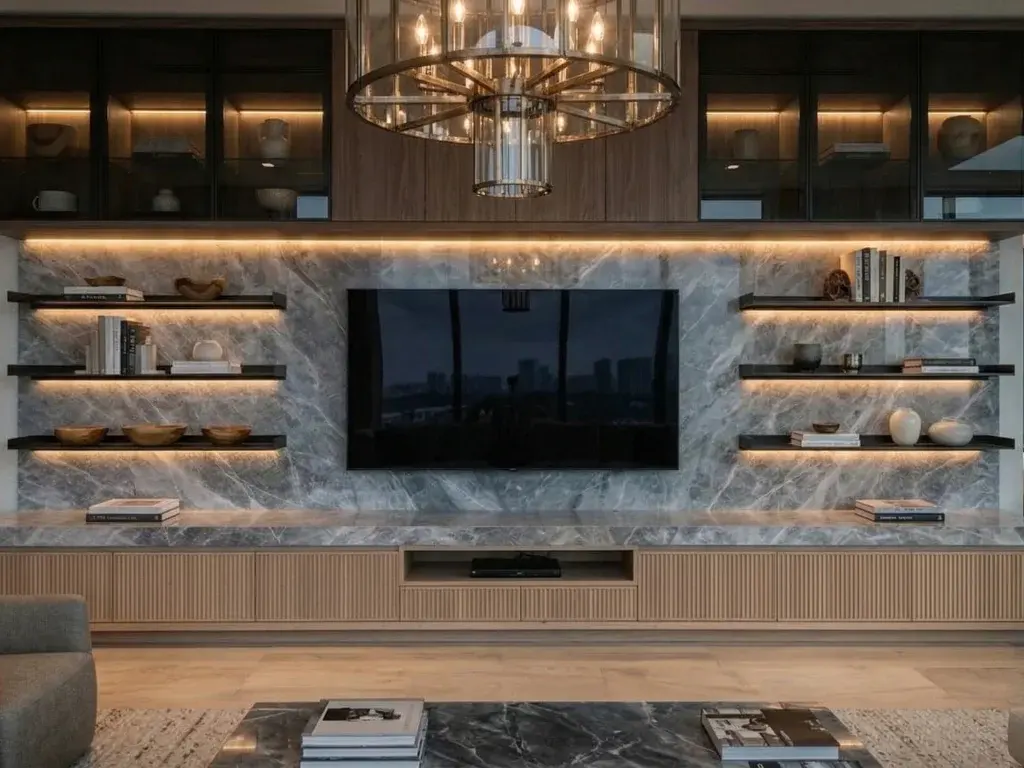 Custom ribbed-oak and marble TV unit with backlit shelving, made by Halo