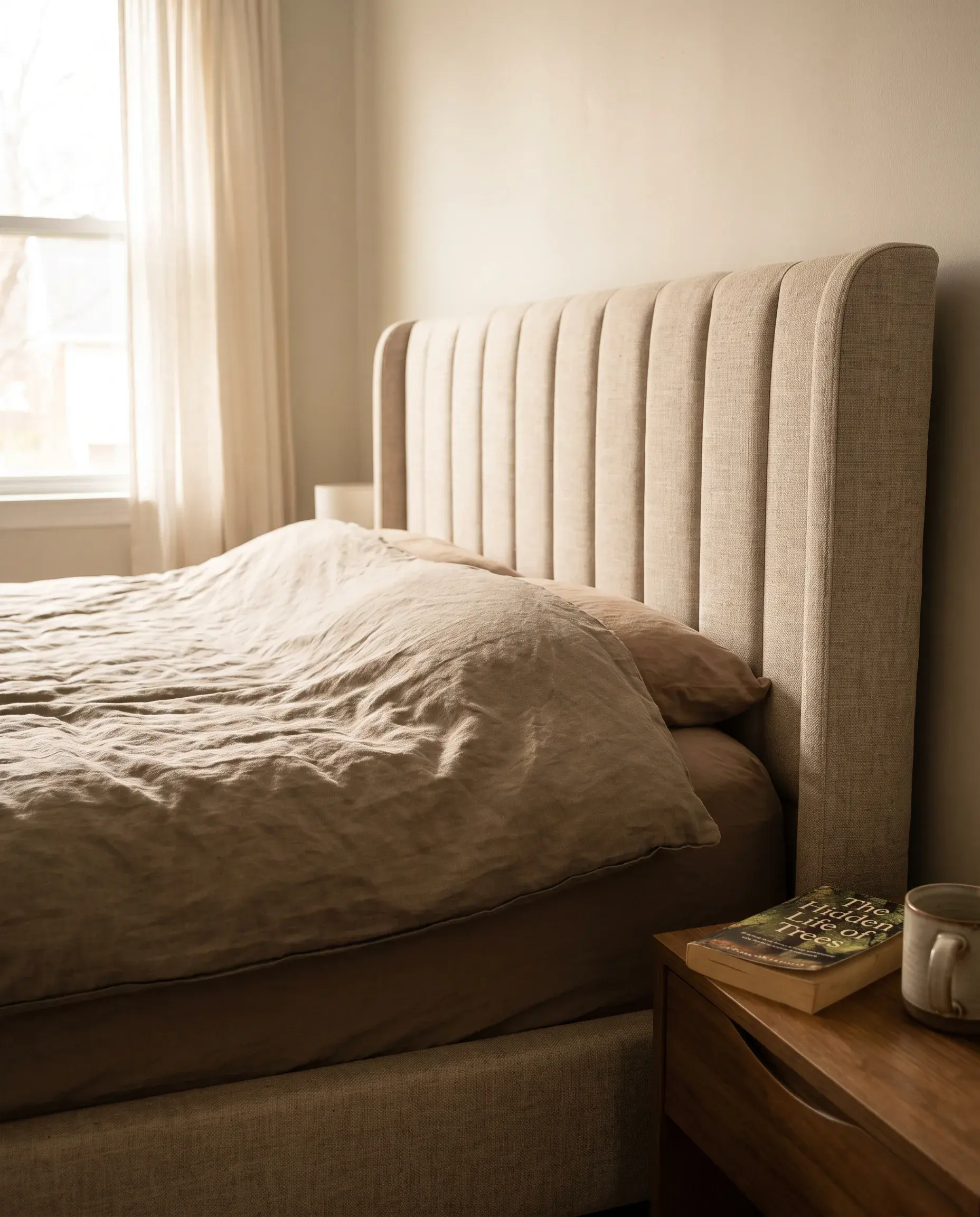 Custom channel-stitched upholstered bed frame in a Dubai bedroom, made by Halo
