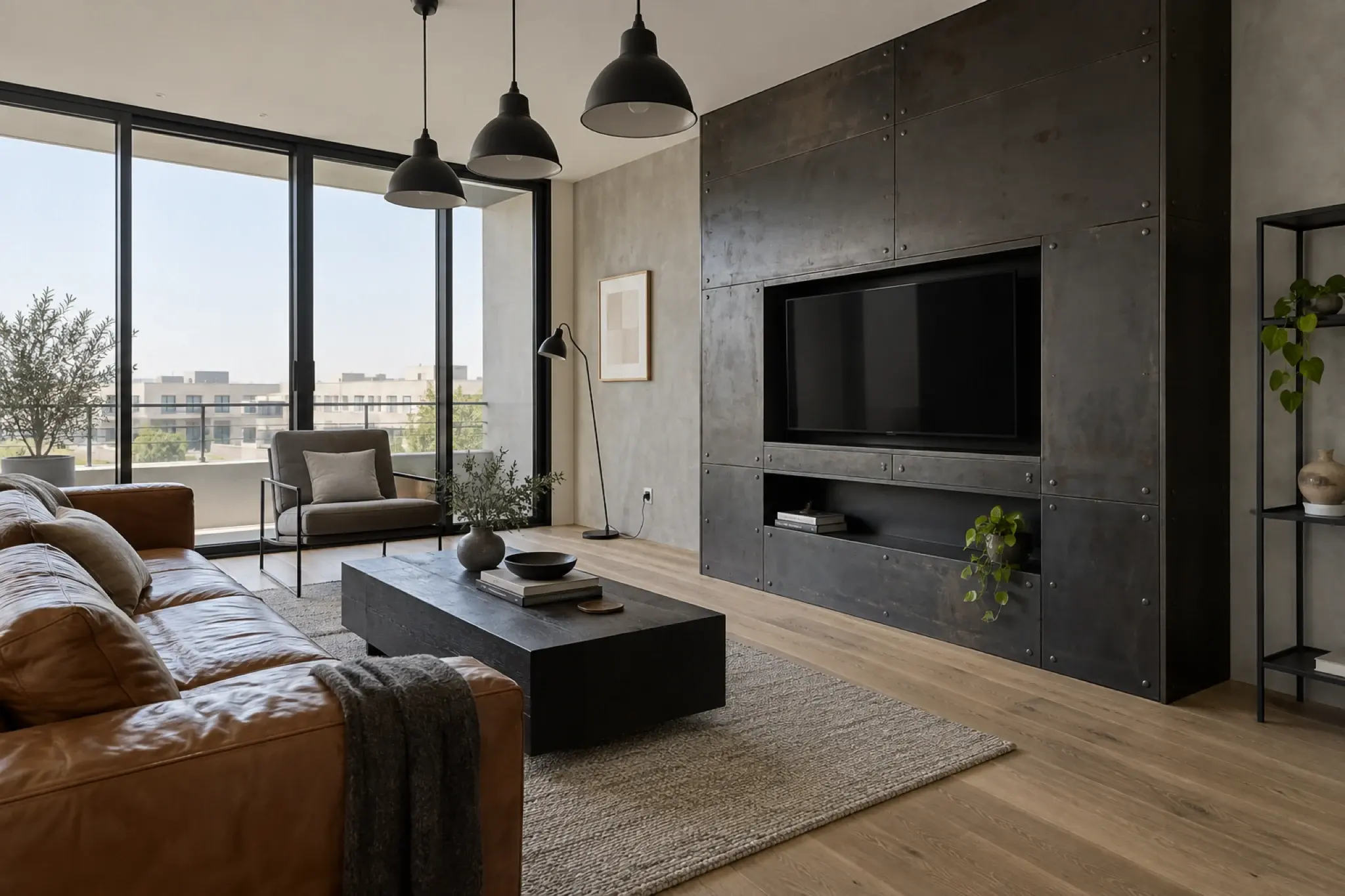 Industrial living room with a blackened-steel media wall, warm oak flooring and worn leather seating