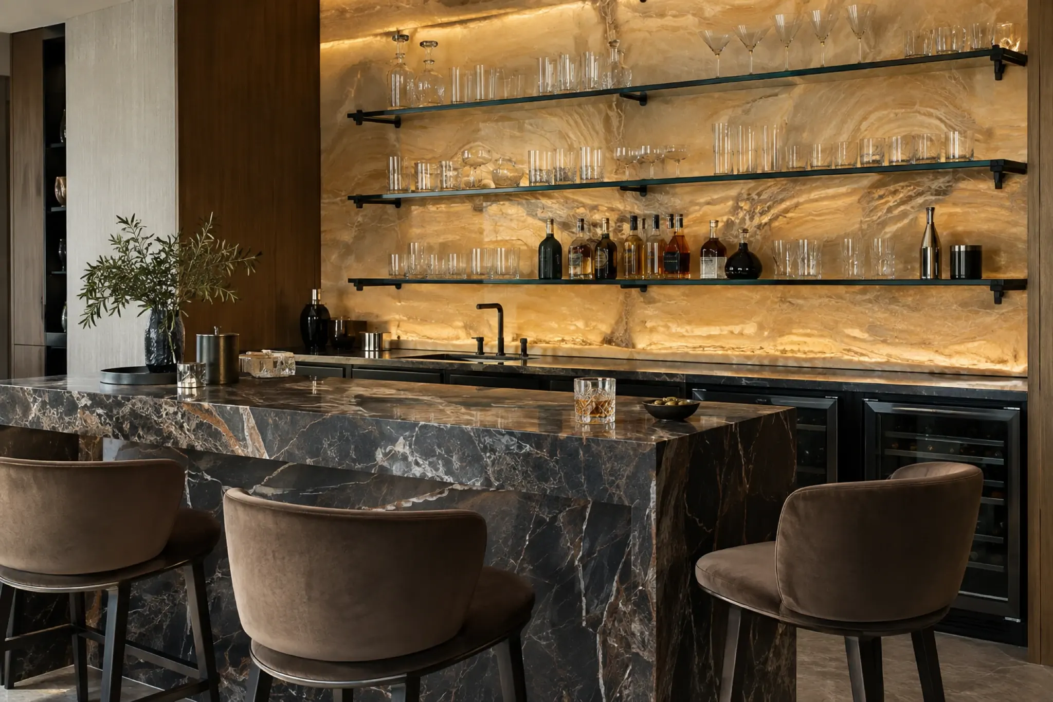Dark bar area with backlit shelving, stone surfaces and upholstered stools