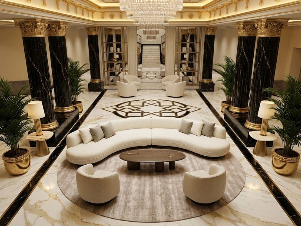 Coffered and gilded gypsum ceiling with a central dome above a grand Dubai reception hall