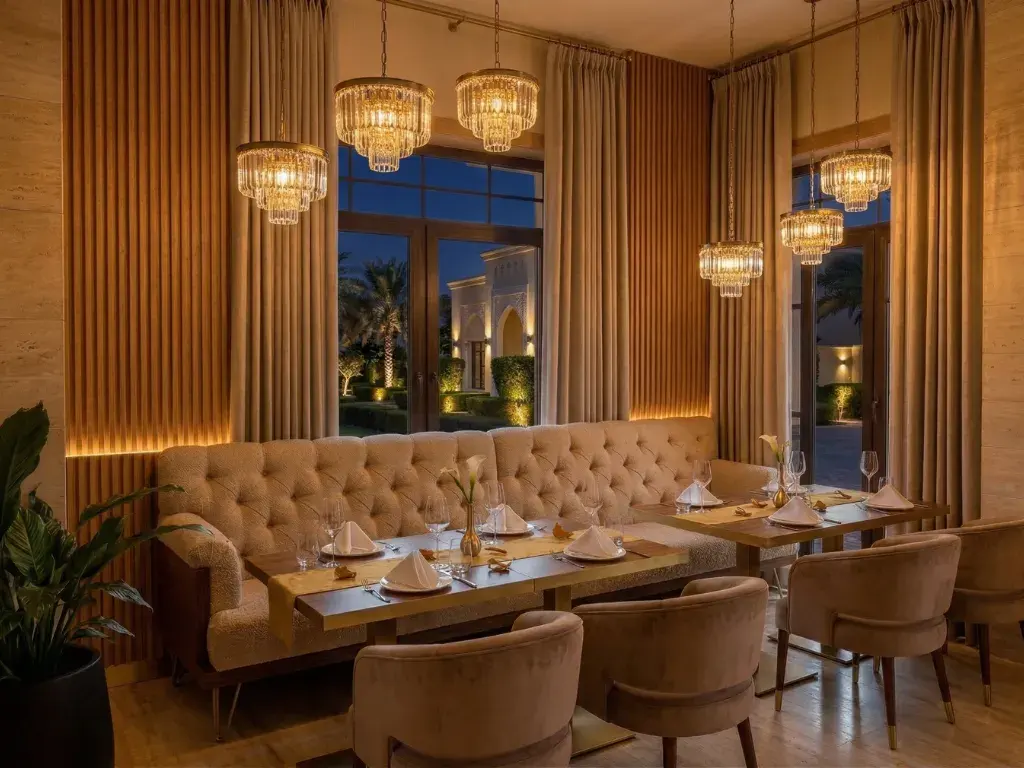 Cove-lit gypsum ceiling perimeter and timber detailing in a Dubai restaurant fit-out