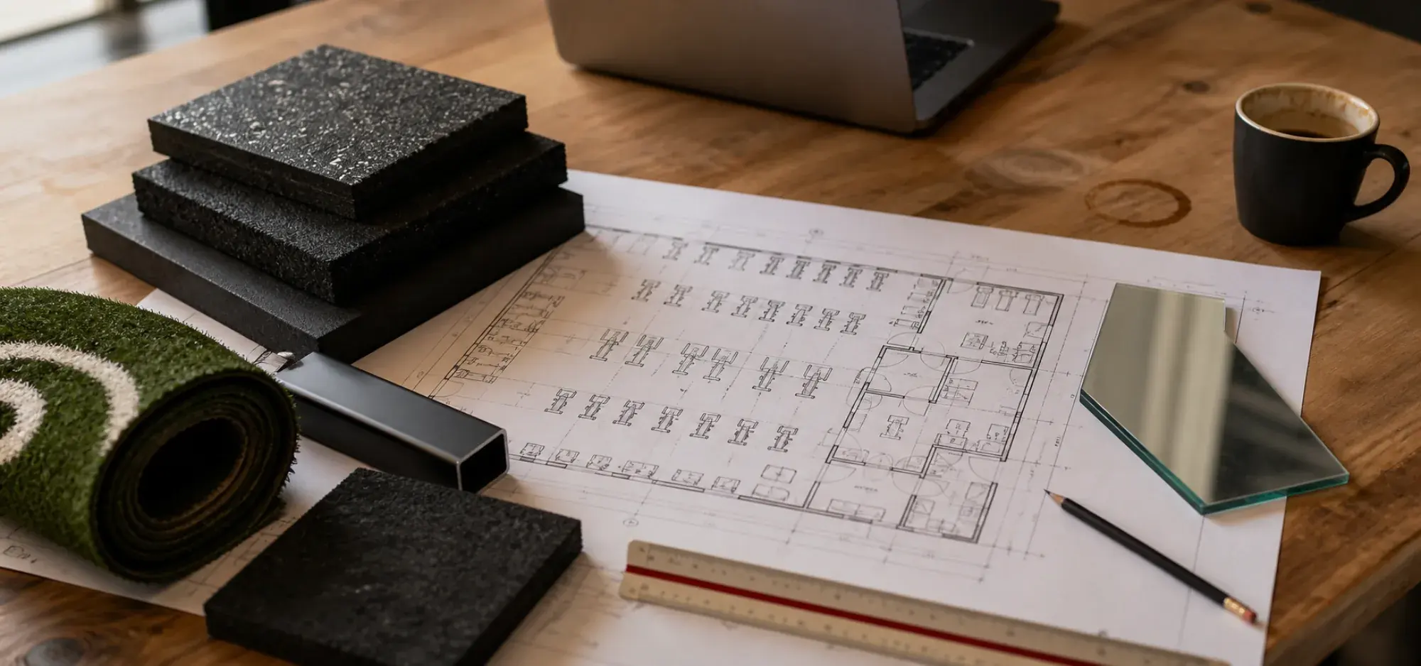 Gym fit-out design drawings, equipment layout and flooring samples on a studio table in Dubai