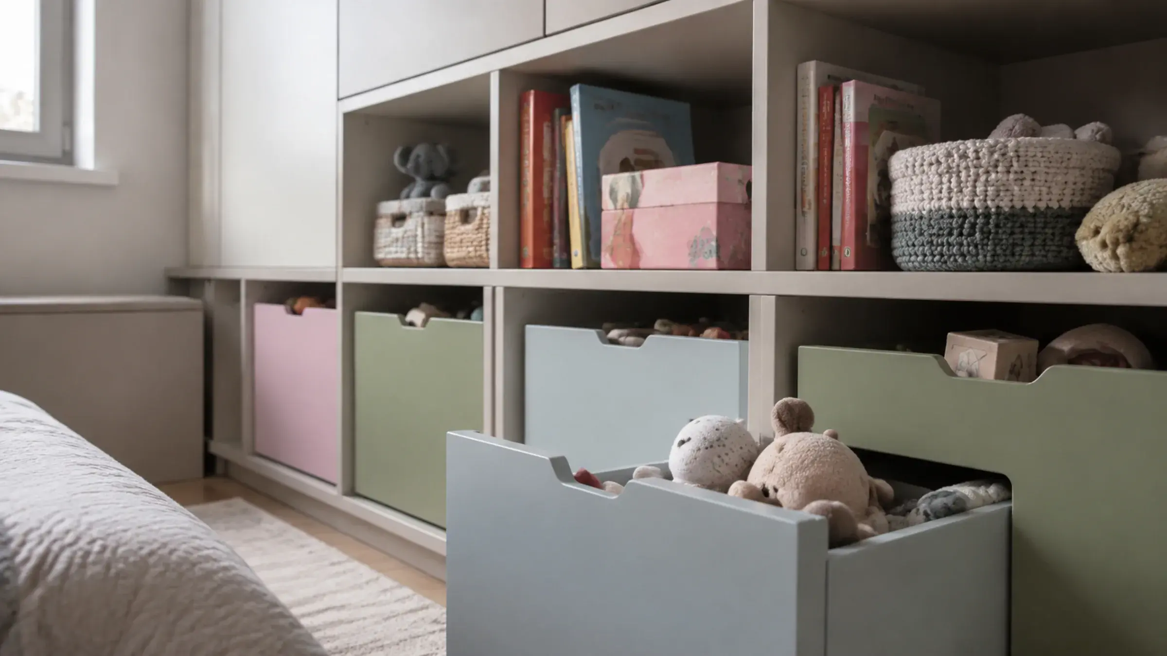 Built-in storage wall with open cubbies and toy bins in a kids' bedroom, toys and books stacked at inconsistent heights