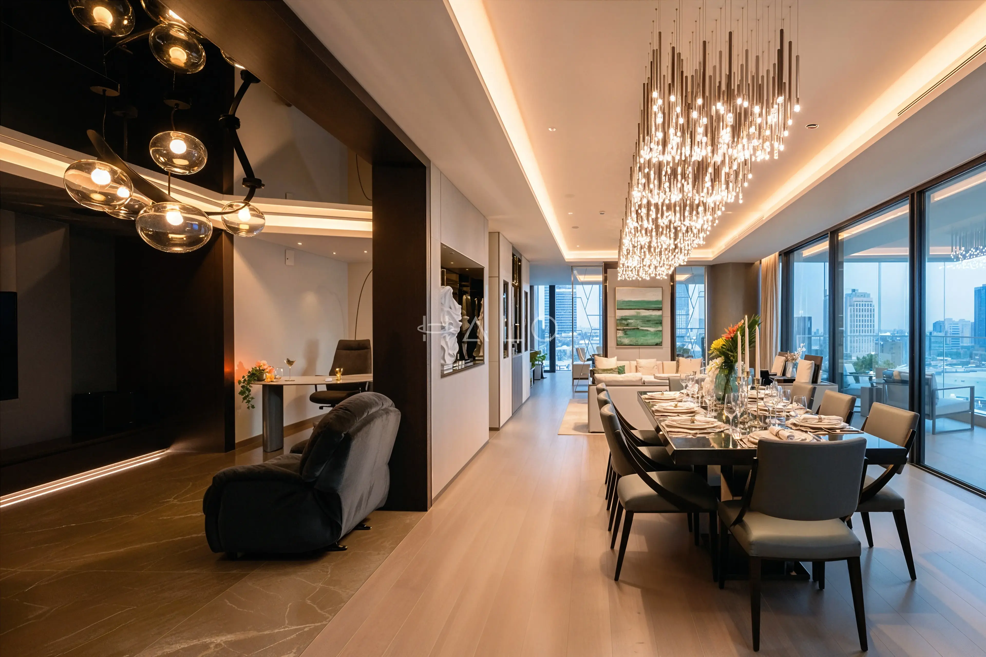Formal dining space with a cascading chandelier, dark joinery and a city view