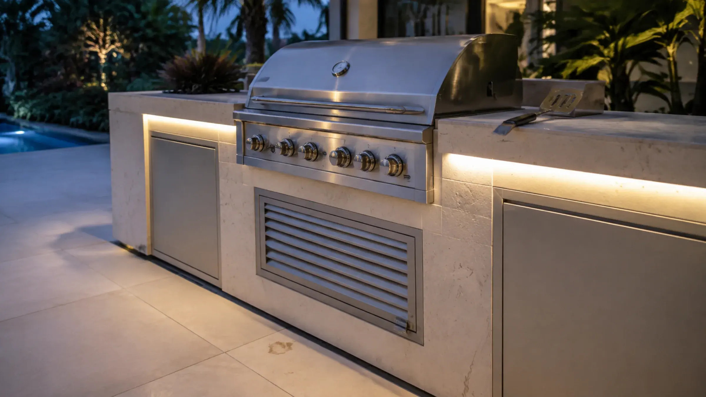 Built-in outdoor kitchen counter with a stainless BBQ grill set into stone-clad cabinetry at dusk, a visible ventilation louvre below the grill