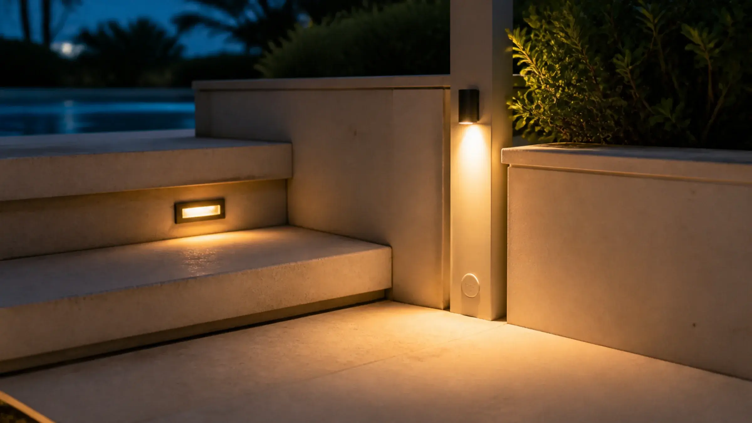 Recessed step light and a post uplight along an outdoor stair at dusk, warm light pooling on the stone surface with a deep blue sky above