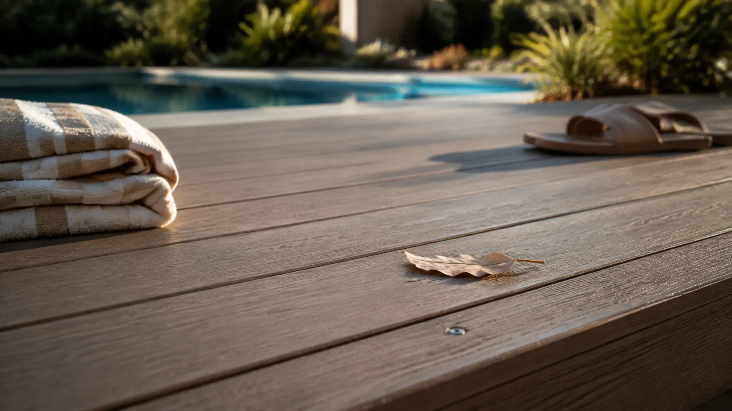 Low-angle view of composite timber decking at a pool's edge with a consistent board gap in sharp focus, the pool water soft and out of focus behind