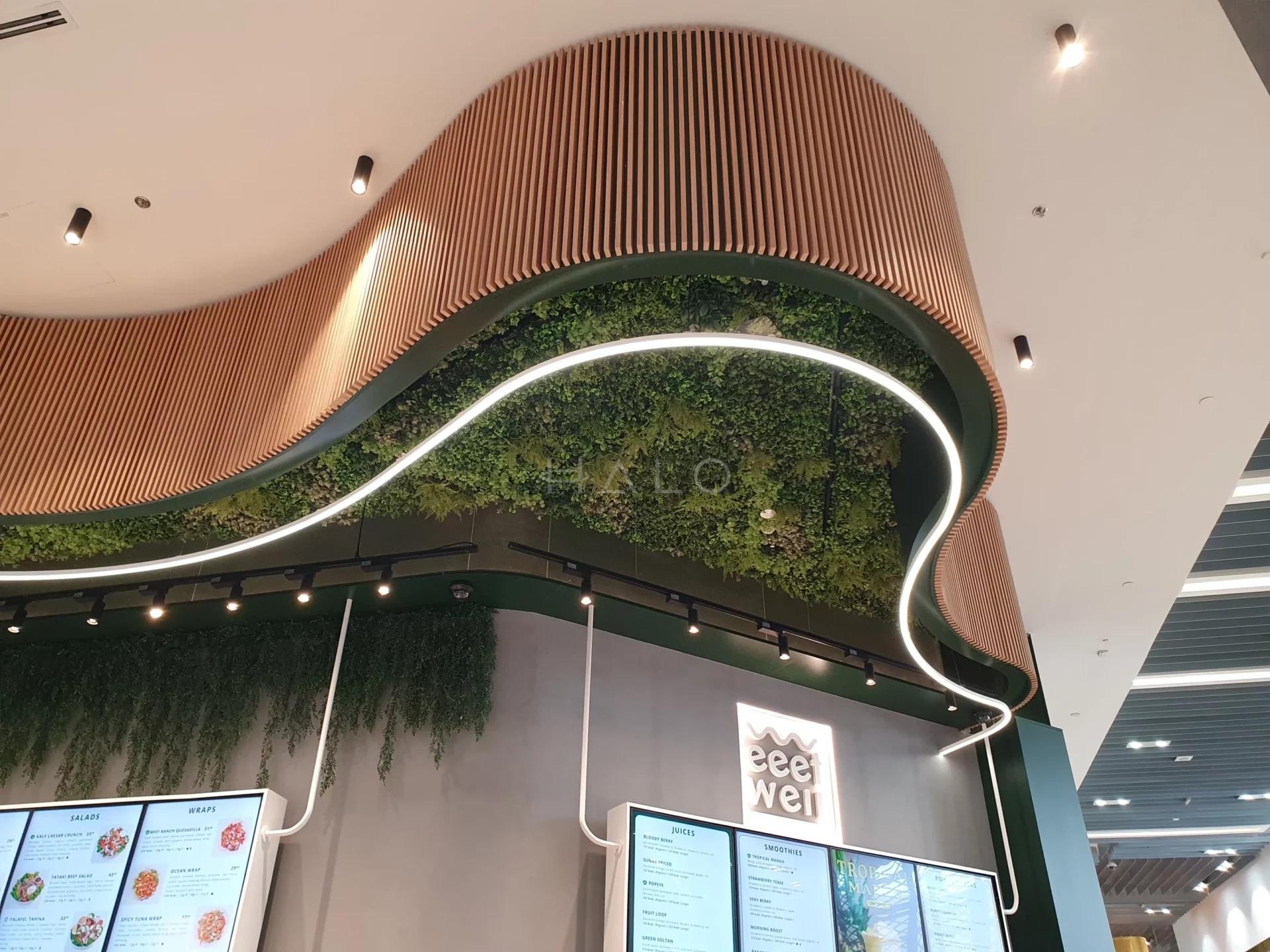 Curved timber-batten feature ceiling with concealed lighting and preserved planting in a Dubai mall unit