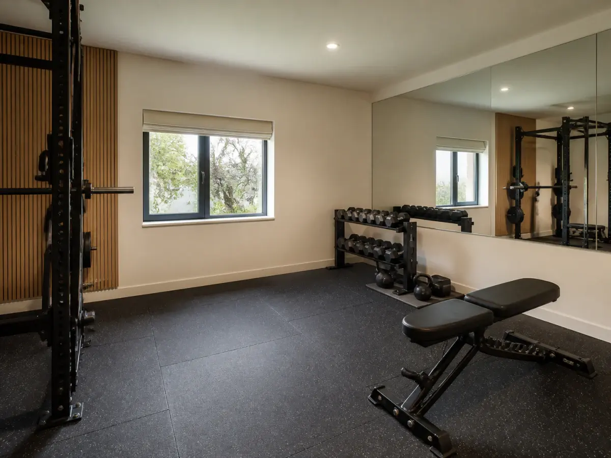 Home gym with rubber flooring, a wall rack, mirrors and a window