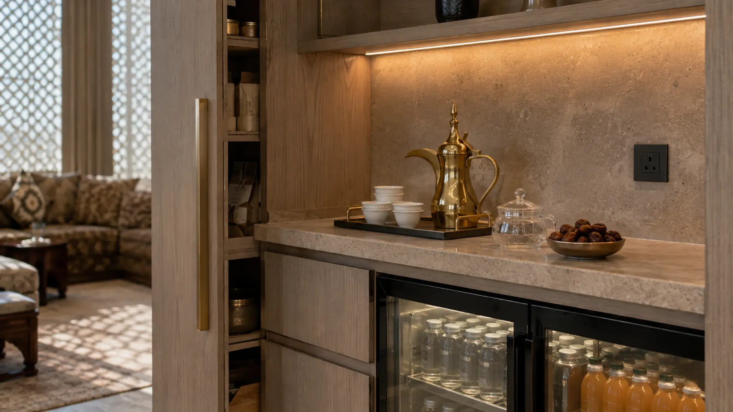 Pale oak majlis drinks station with a brass dallah, finjaan cups, dates and an undercounter soft-drinks fridge
