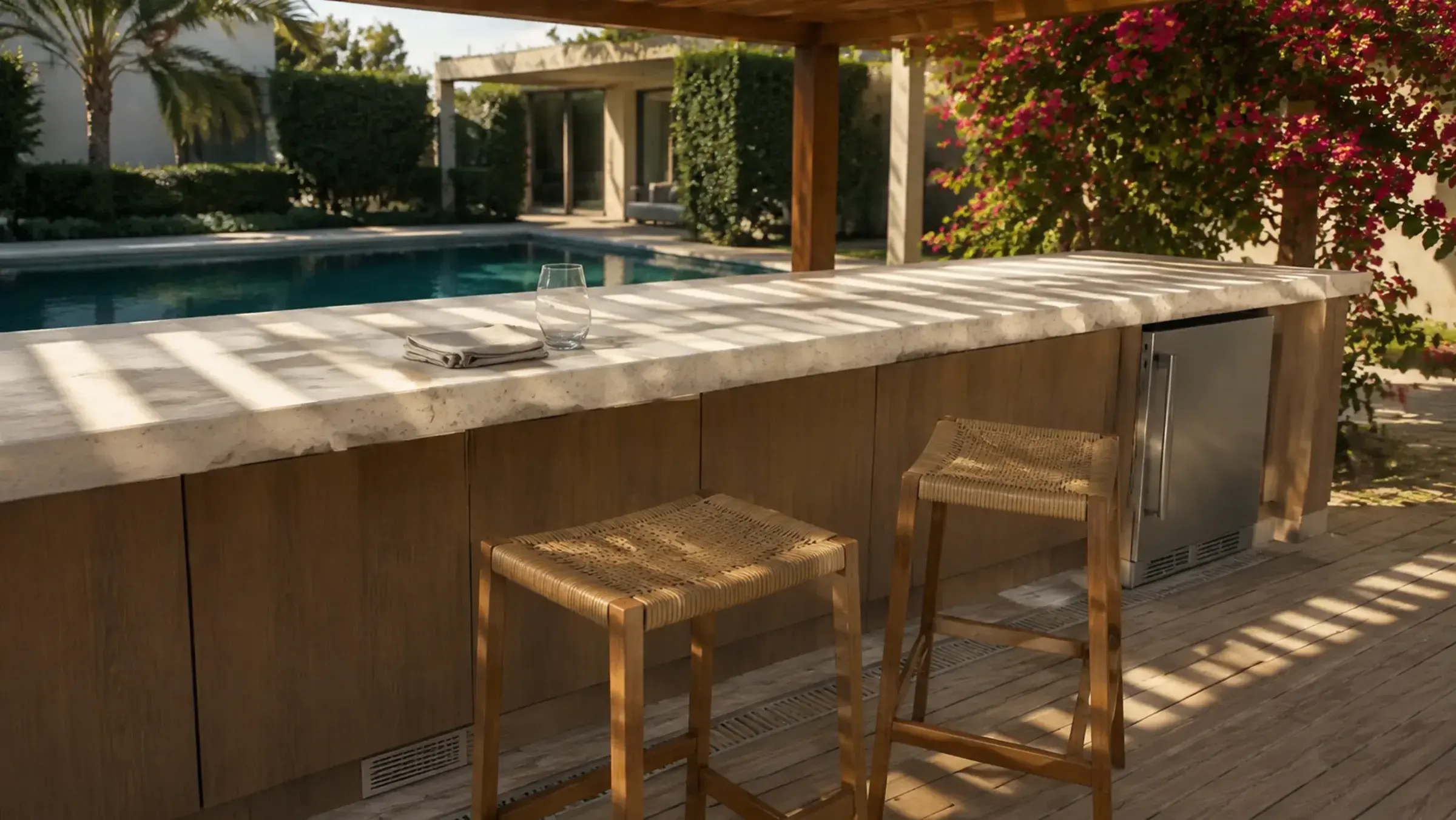 Outdoor poolside bar counter in pale stone under a slatted pergola in a Dubai villa garden