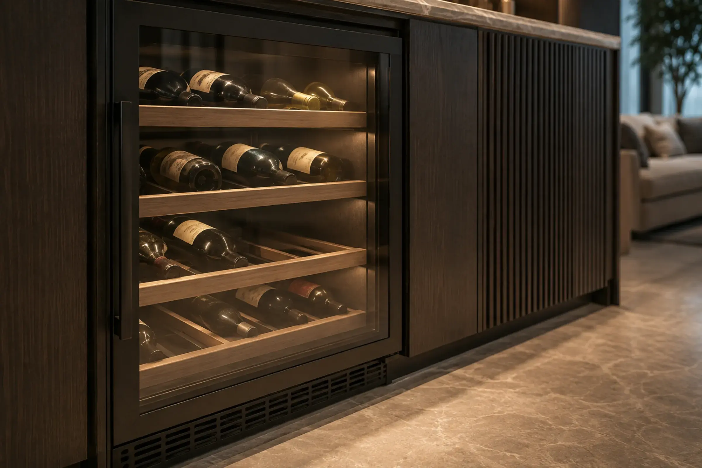 Glazed chilled wine cabinet with horizontal oak bottle racks and plinth ventilation built into dark fluted joinery