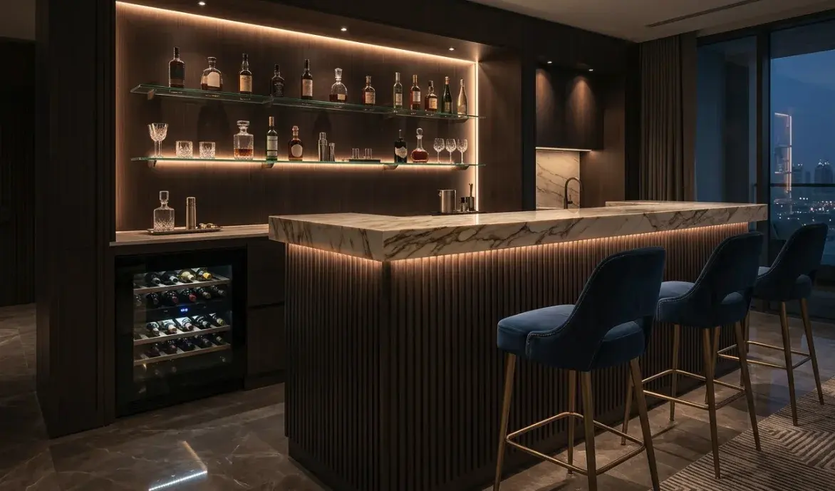 Fluted dark timber island home bar with a marble counter, backlit bottle shelving and an integrated wine fridge in a Dubai apartment
