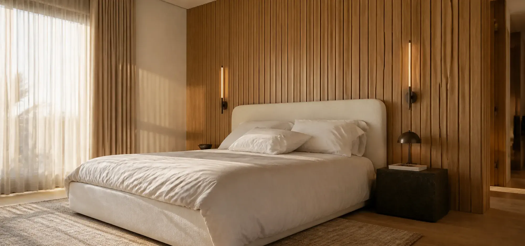 Fluted timber wall panelling behind the bed in a renovated Dubai bedroom