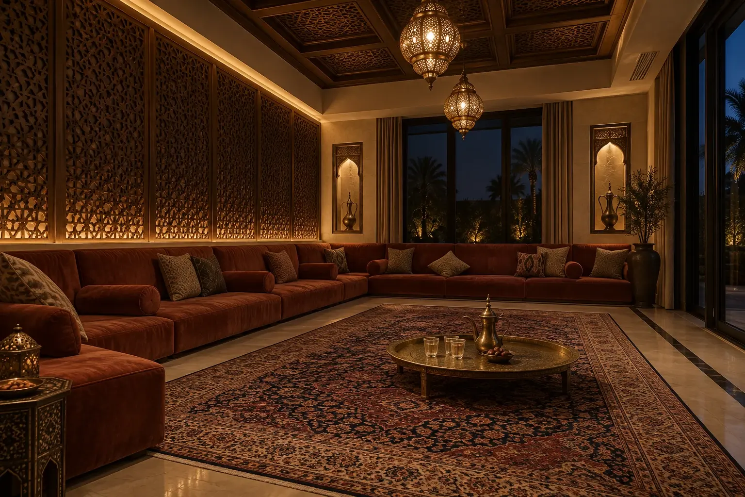 Arabian majlis with mashrabiya screens, a coffered ceiling, pierced lanterns and continuous perimeter seating