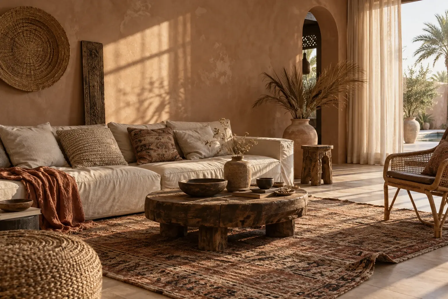 Boho chic living room with terracotta limewash walls, a low linen sofa, layered rugs, woven textures and dried palm fronds