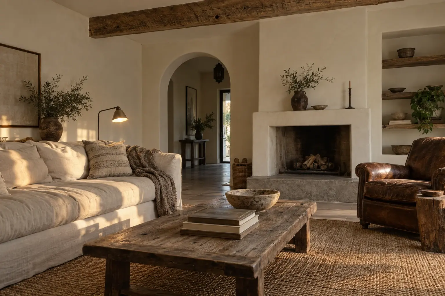 Farmhouse living room with limewashed walls, an exposed timber beam, a plaster fireplace and layered natural textiles