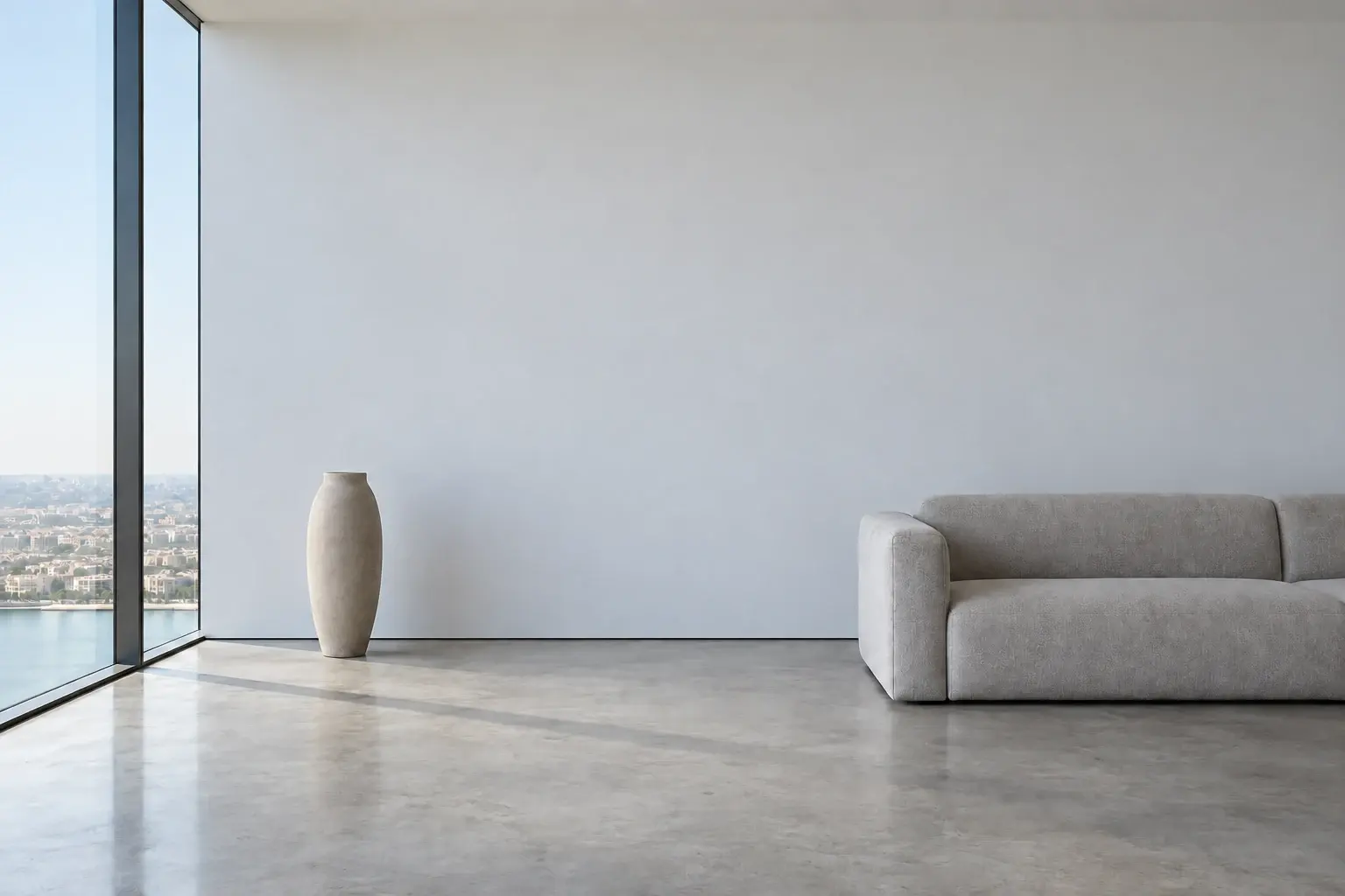 Minimalist living space with a bare plaster wall, a single ceramic vessel, a low legless sofa and a seamless floor beside full-height glazing