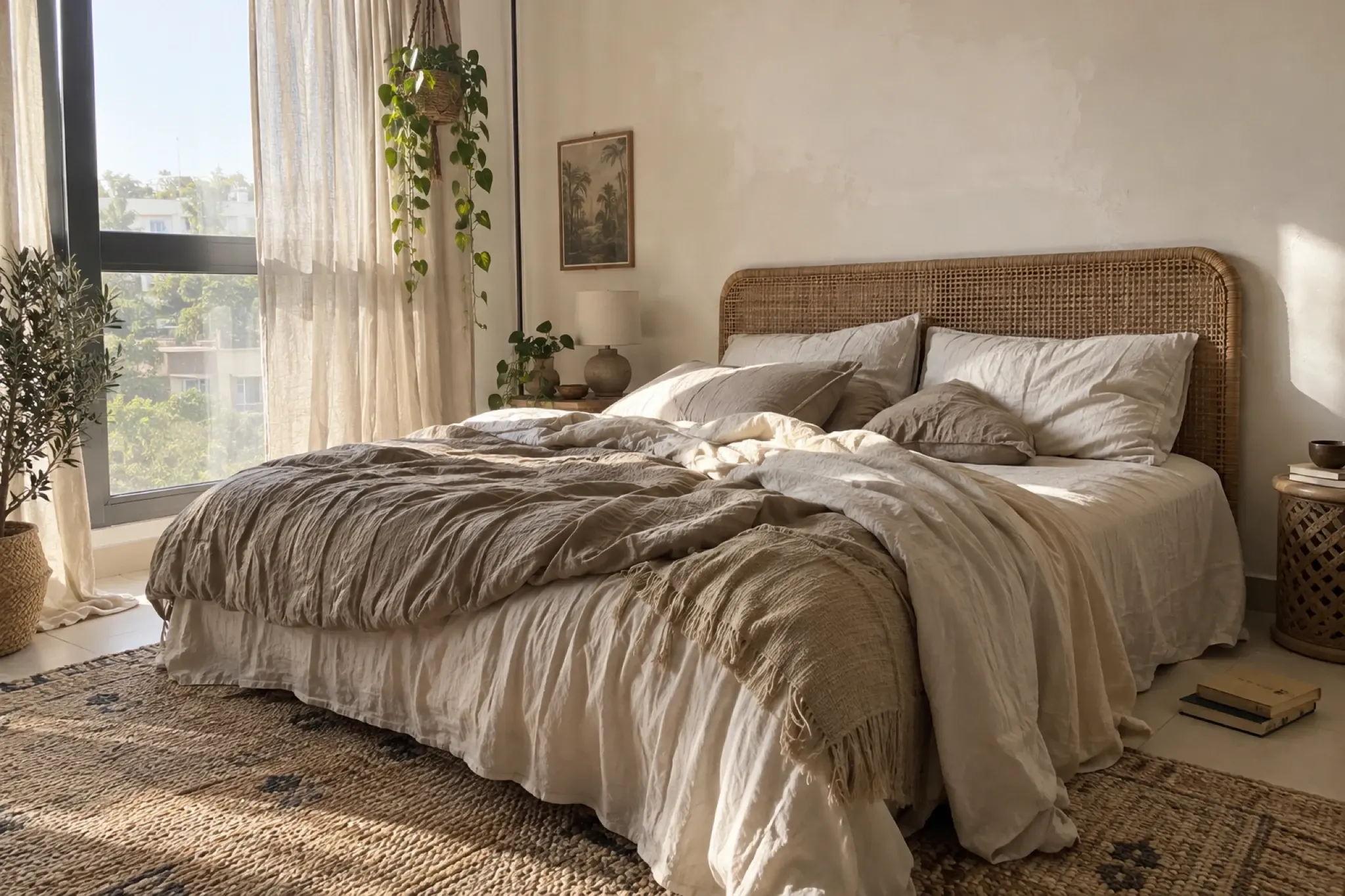 Warm bedroom with a woven rattan headboard, layered linen and filtered morning light