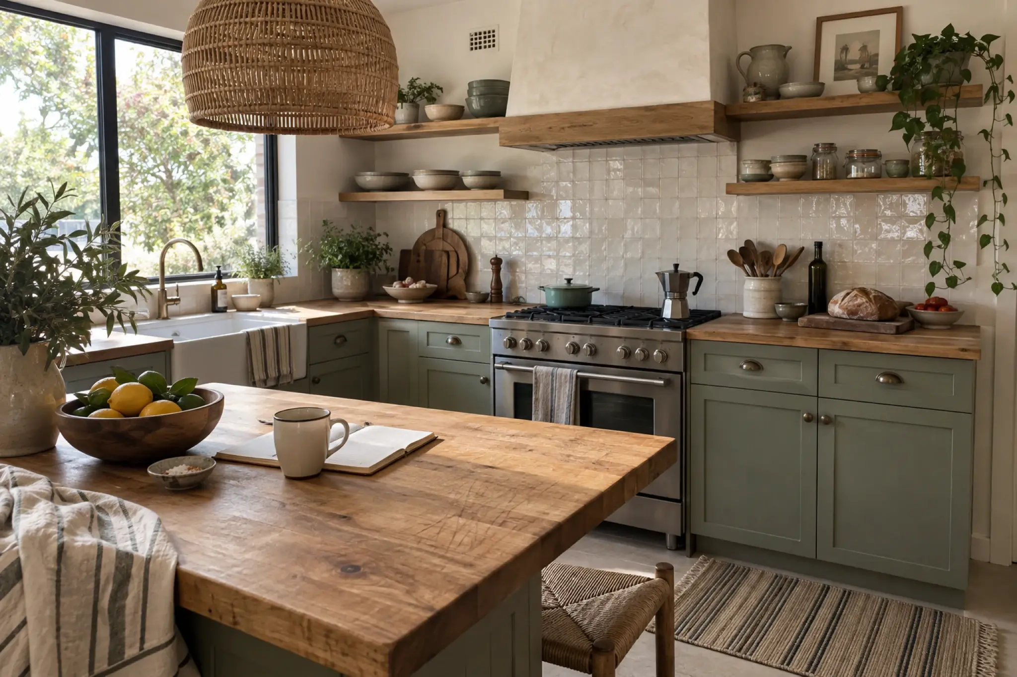 Warm kitchen with sage cabinetry, handmade tile, open timber shelves and a worn butcher-block island