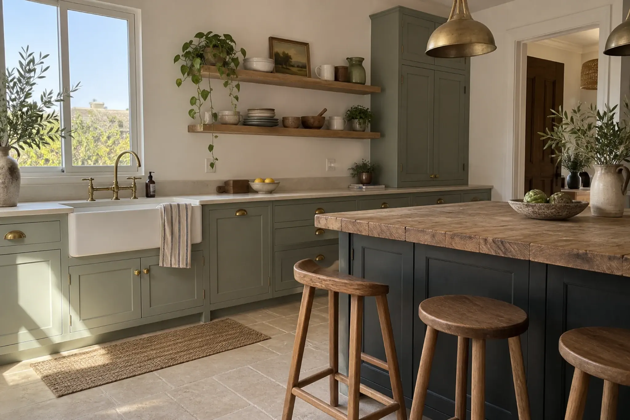 Classic painted kitchen with in-frame cabinetry, brass hardware and a large island