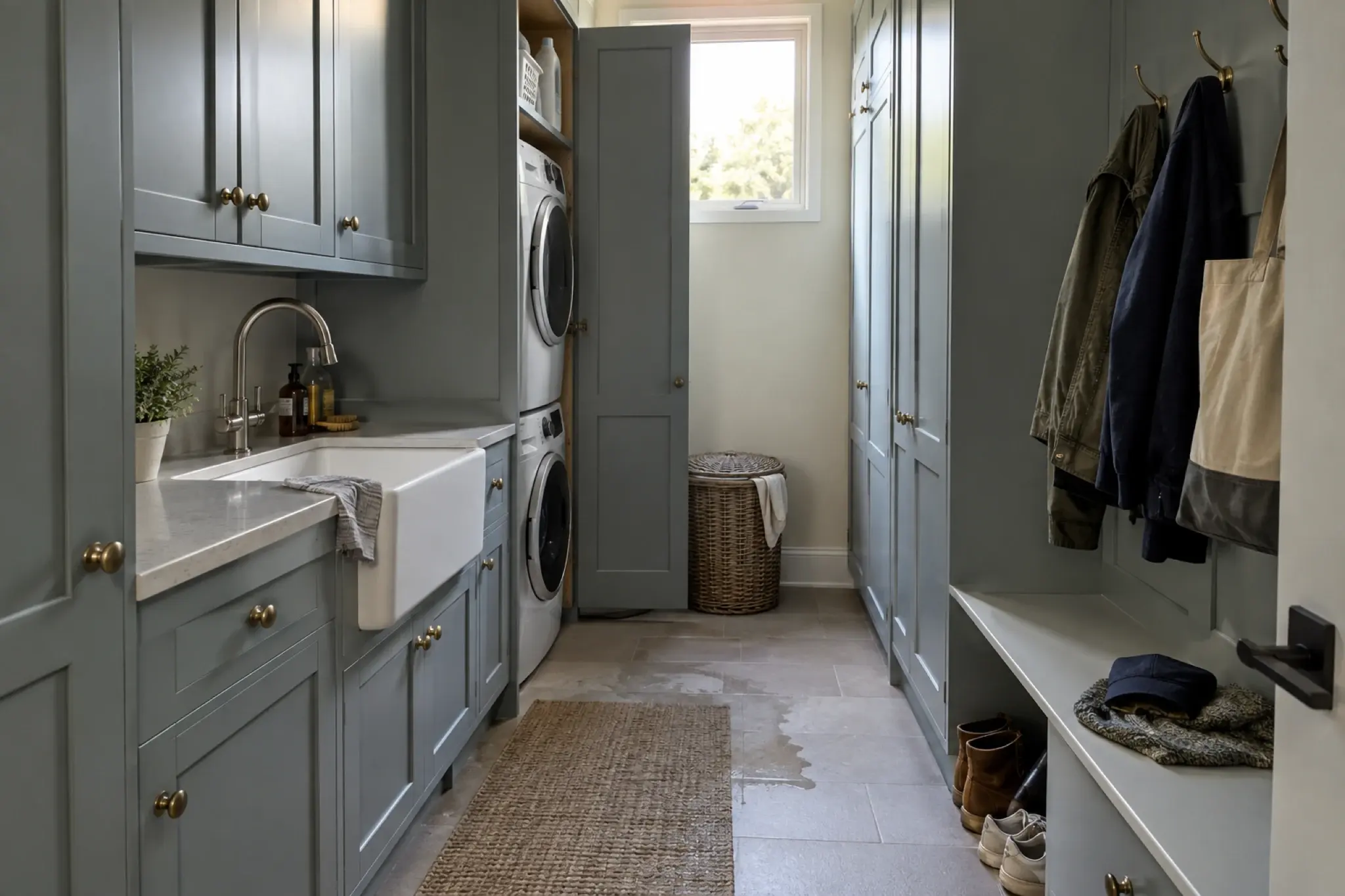 Painted utility and boot room with brass fittings, concealed laundry appliances and practical storage