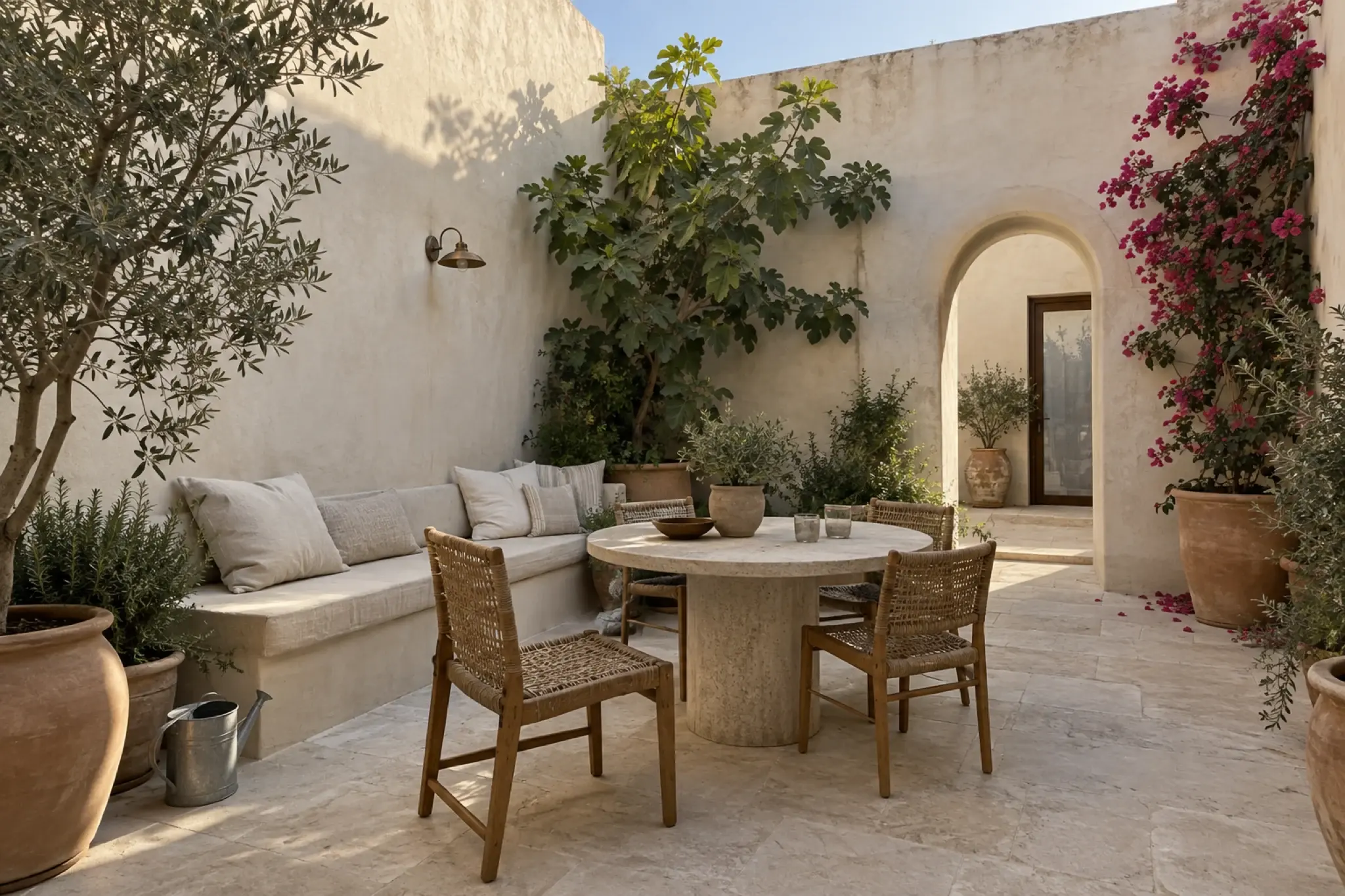 Open-sky limewashed courtyard with built-in seating, a stone dining table and dense planting