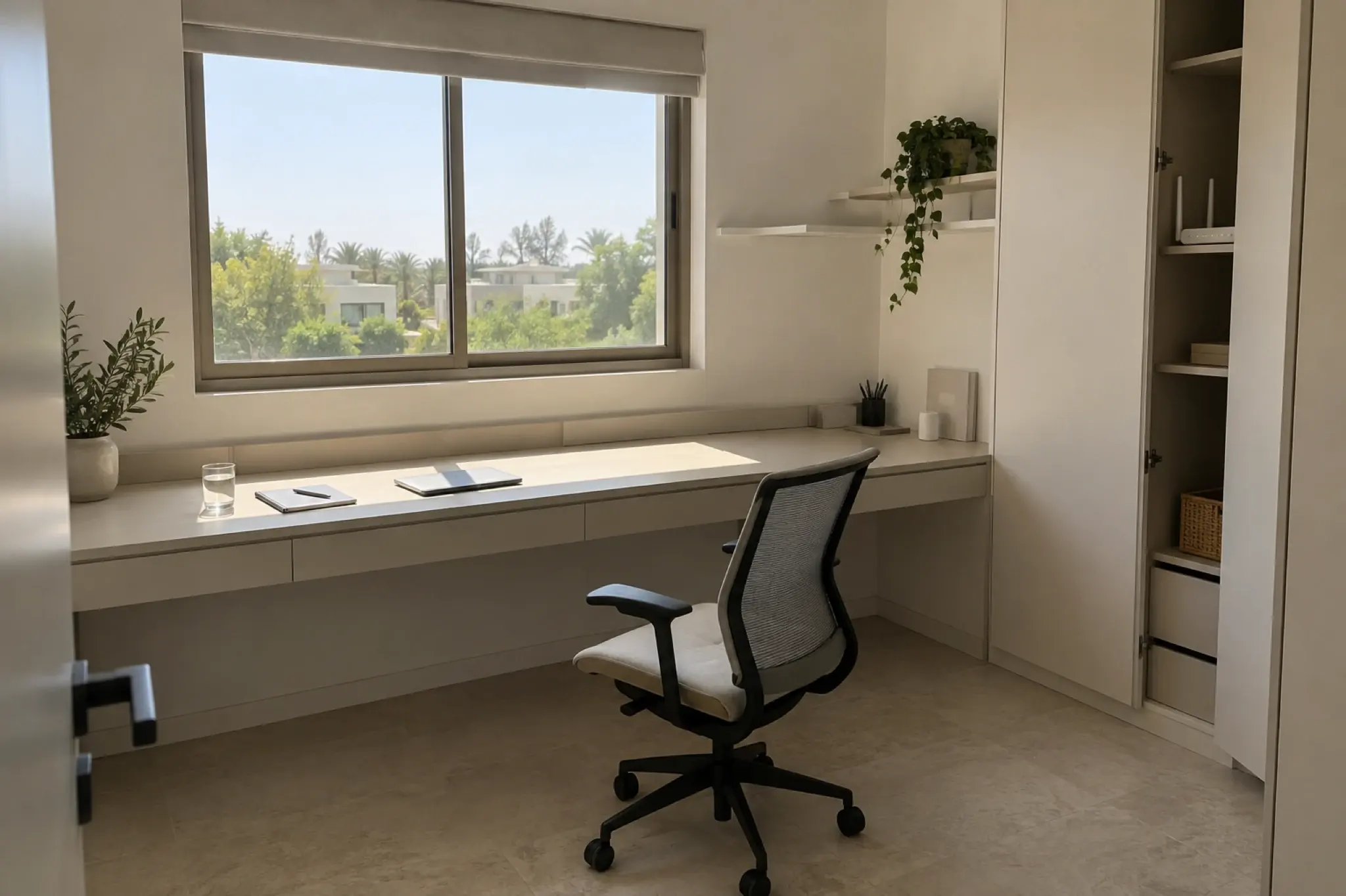 Compact minimalist home office with a built-in desk and concealed cable management