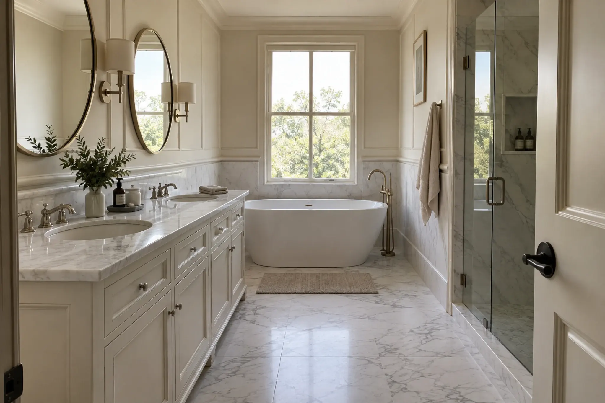 Classic bathroom with a double vanity, round mirrors, nickel fittings and a freestanding bath
