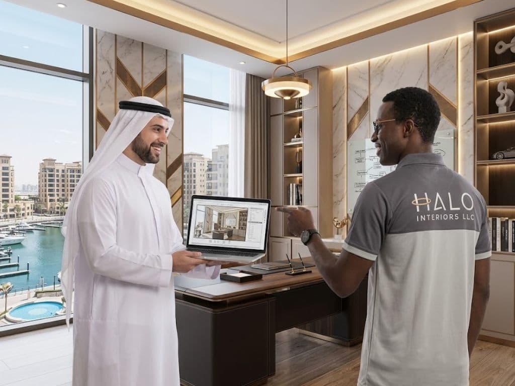 Halo project team reviewing fit-out drawings with a client in Dubai