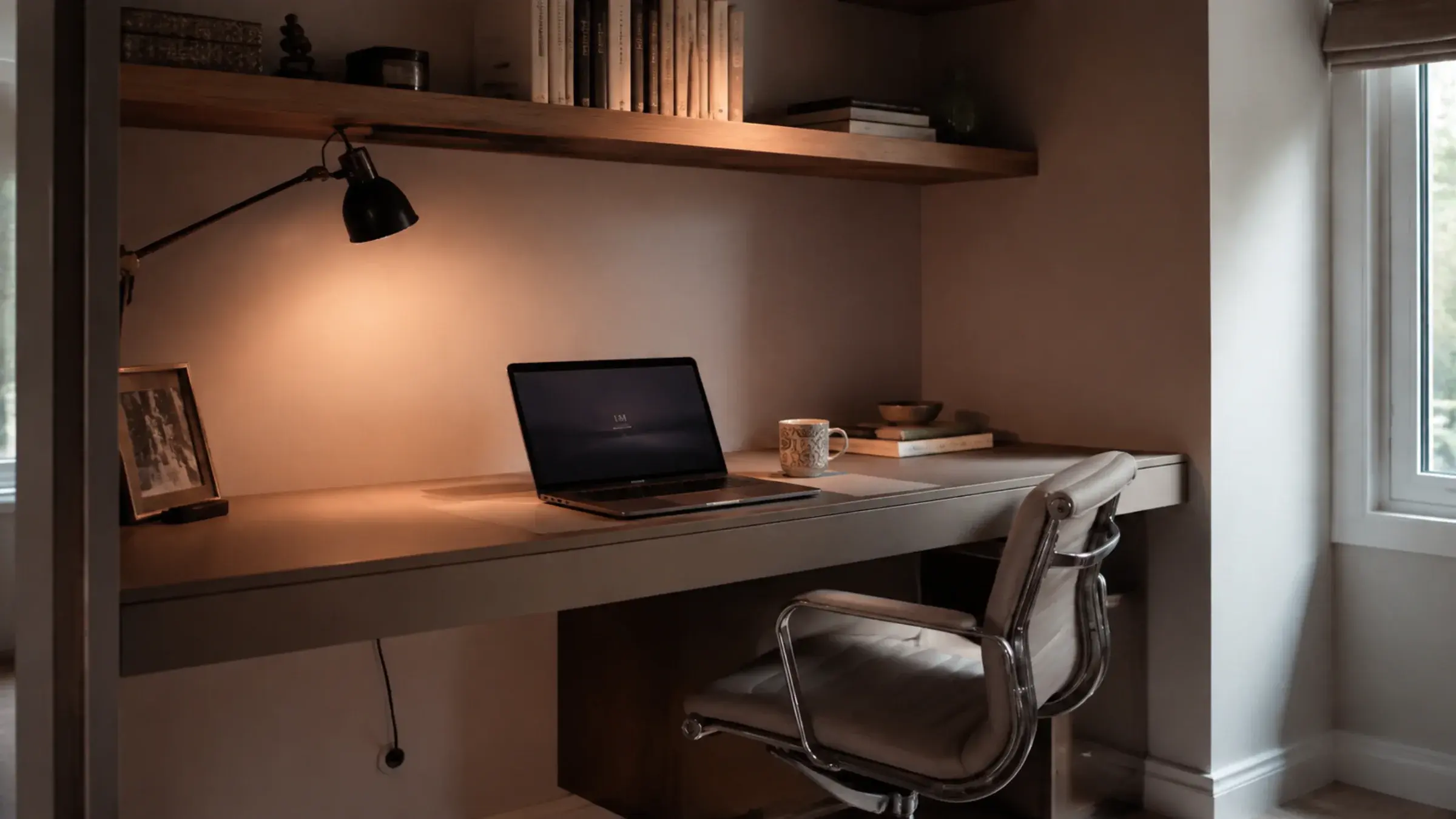 Floating oak desk and shelf built as one integrated run in a home office