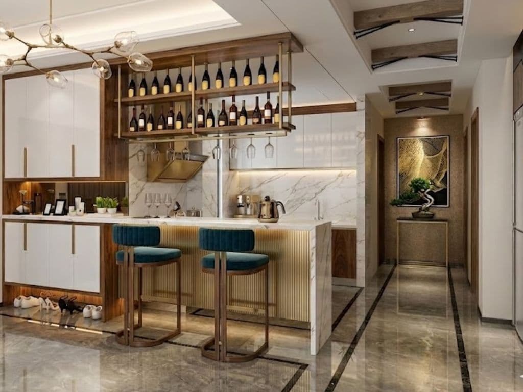 Home bar back wall with suspended bottle shelving, an overhead stemware rack and a marble splashback