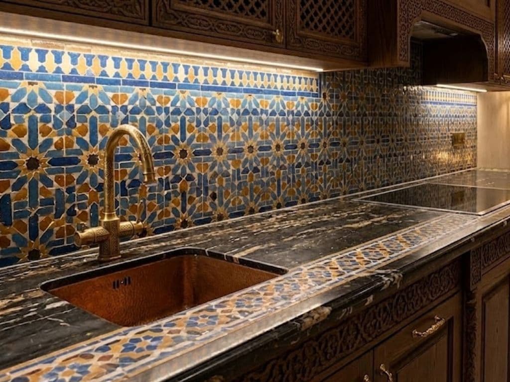 Hammered copper undermount bar sink with a brass tap set into a dark patterned stone counter