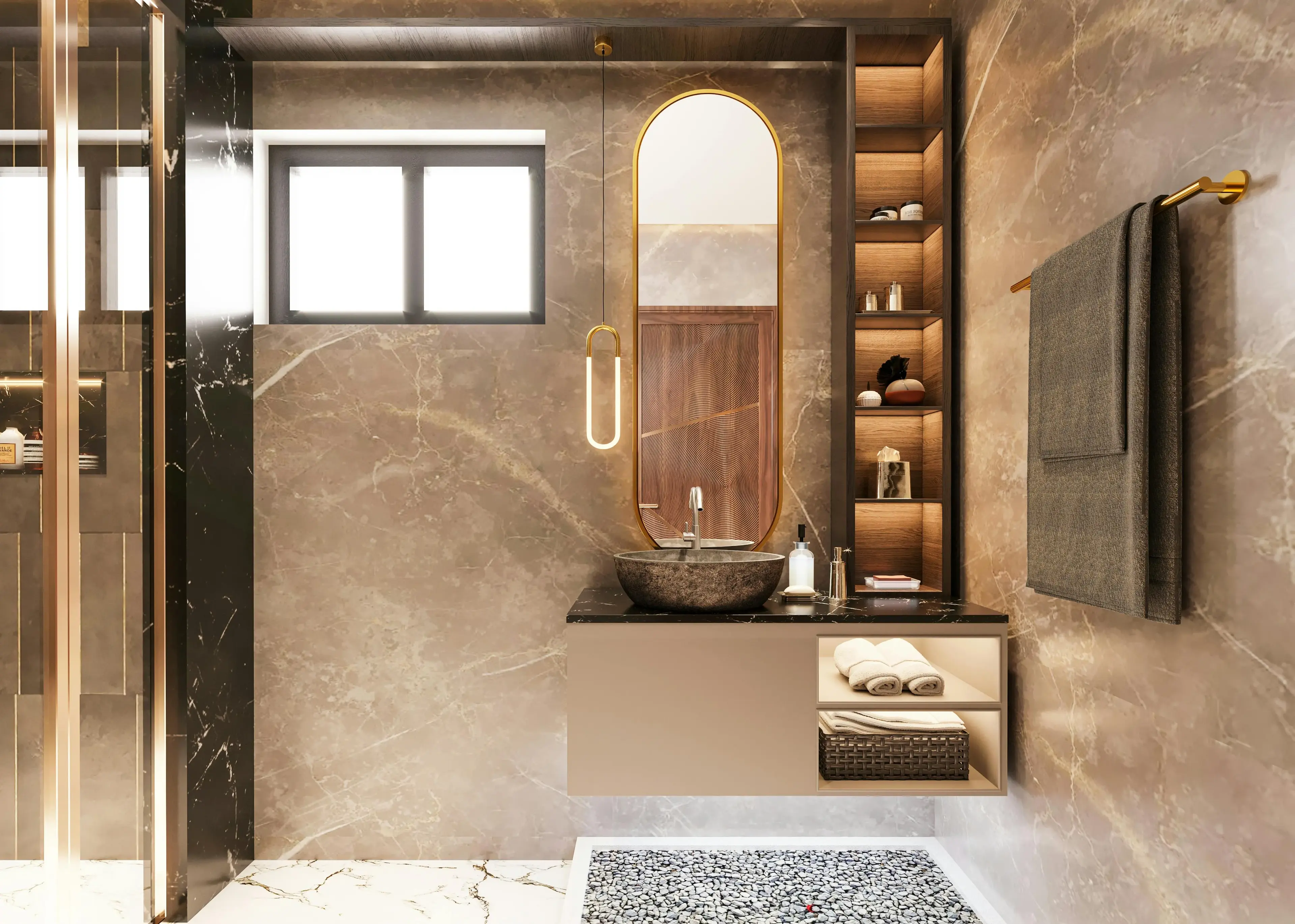 Powder room vanity with a stone counter, vessel basin and arched brass mirror in Dubai