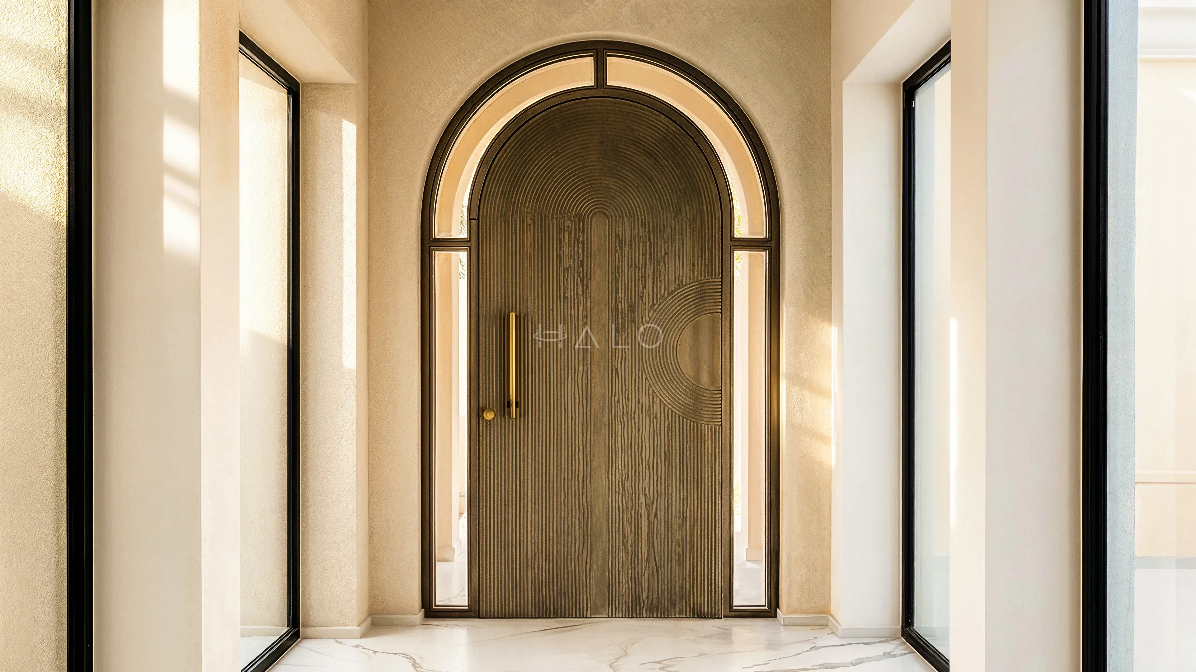 Arched light oak fluted door set at the end of a corridor in a Dubai villa, made by Halo