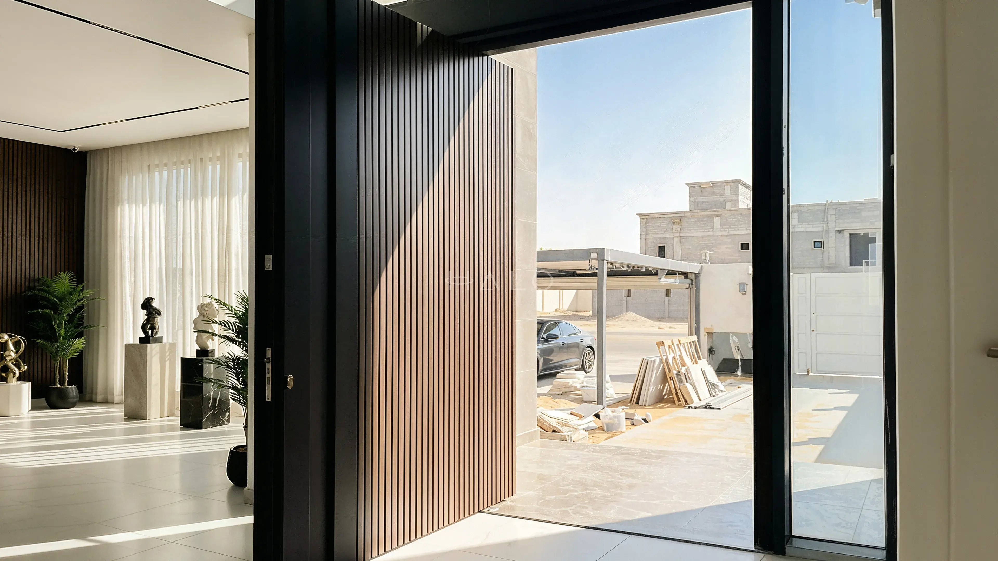 Fluted timber pivot door standing open onto a terrace in a Dubai villa, manufactured by Halo