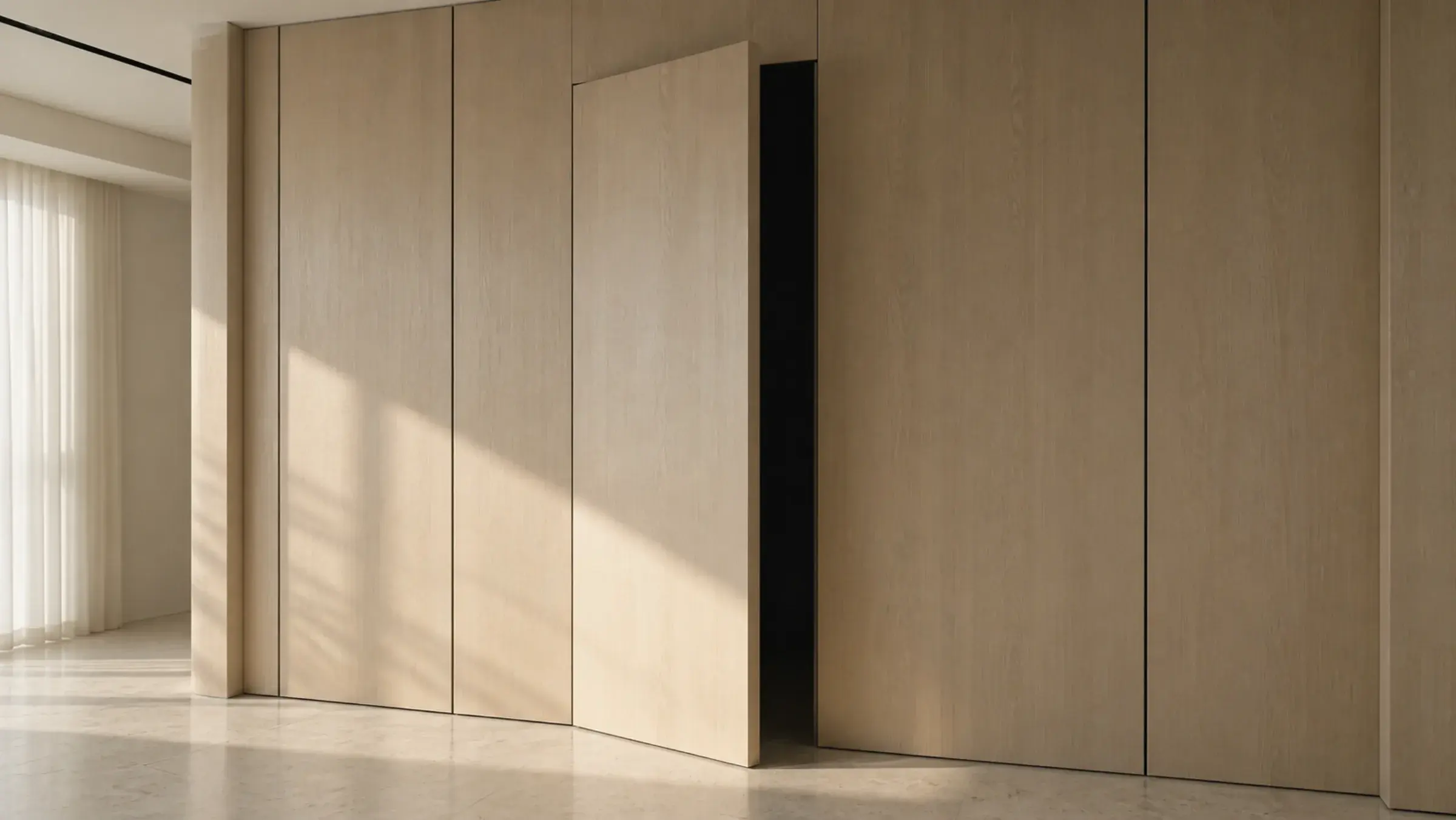 Handleless pale oak jib door standing slightly open within a panelled wall in a Dubai villa
