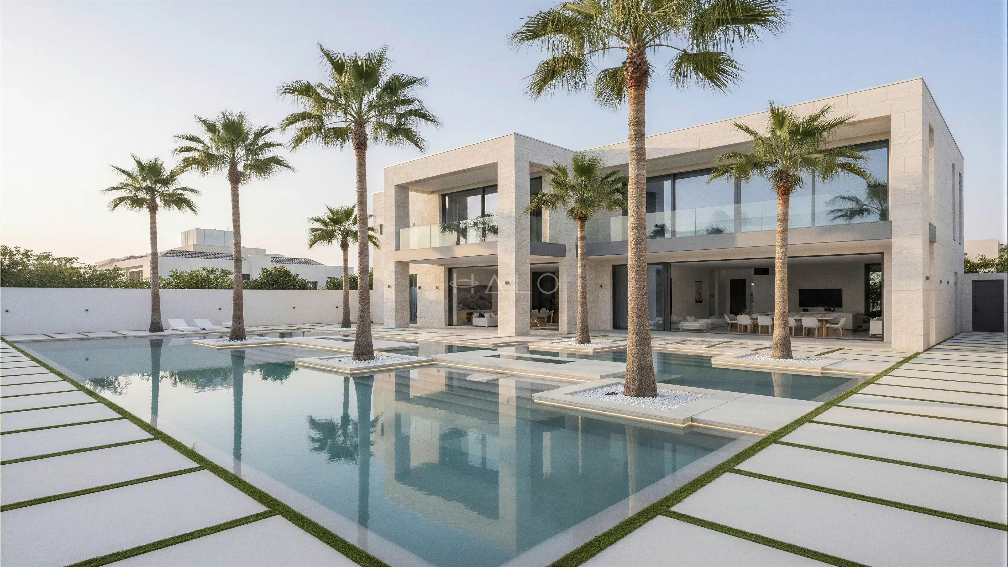 Custom swimming pool with integrated villa landscaping in Dubai
