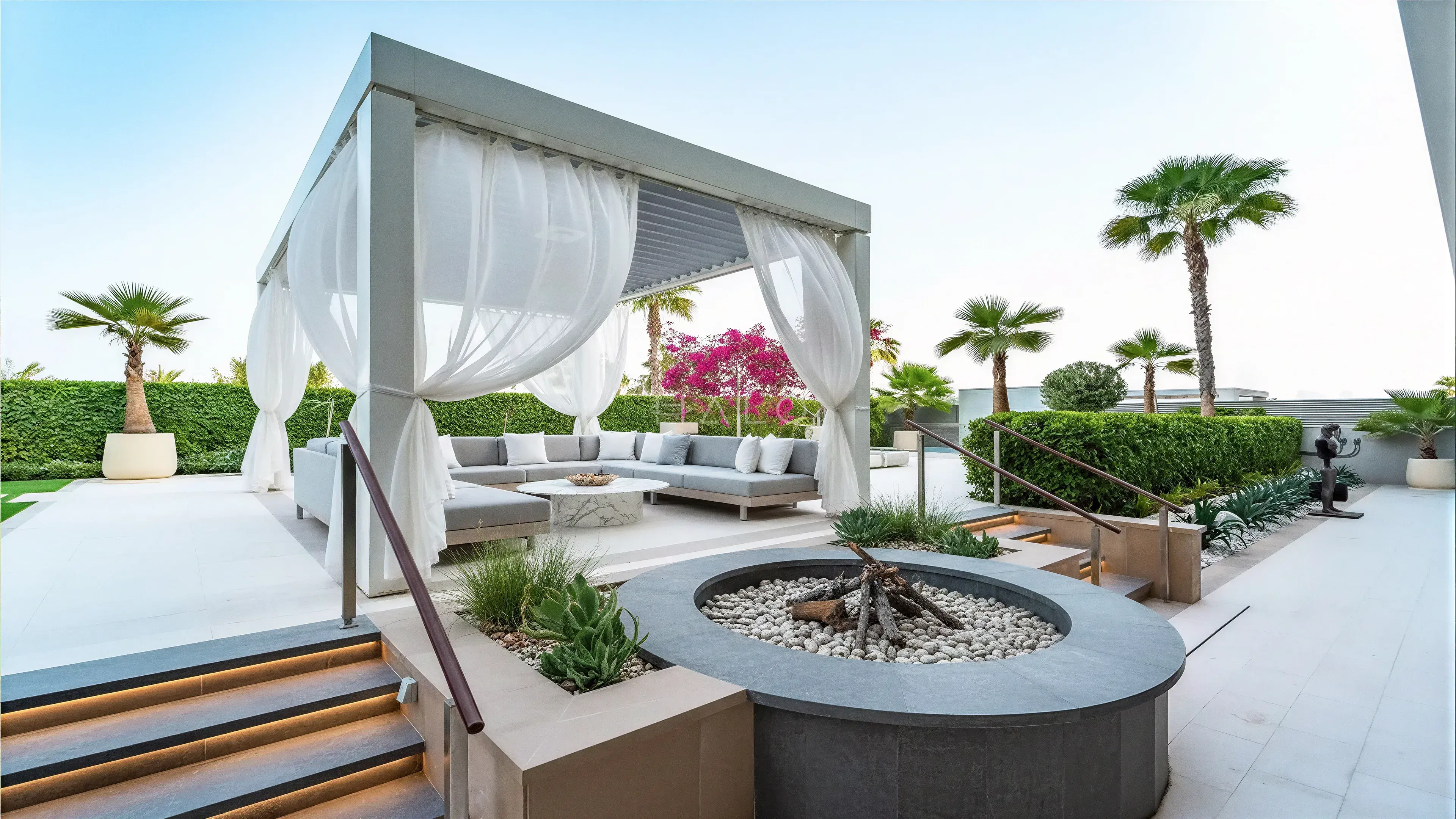 Pergola and shaded outdoor living space beside a villa pool