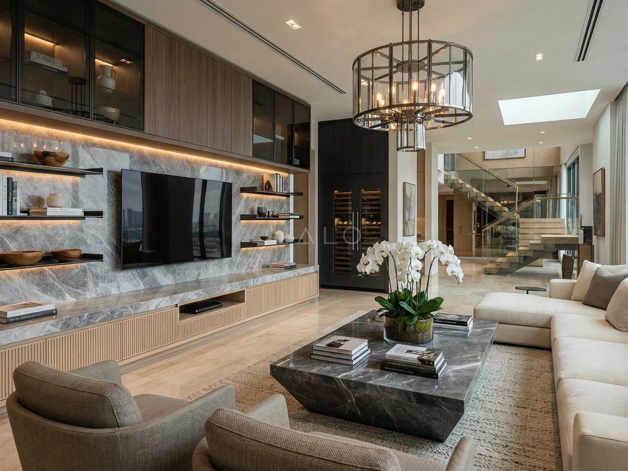 Refined villa living room with bespoke wall joinery and lighting