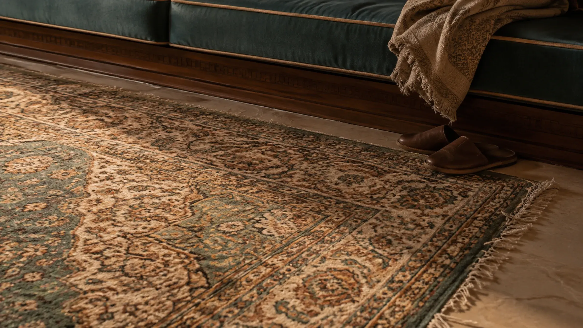 Patterned Persian-style rug beneath a majlis banquette with leather slippers resting at the edge
