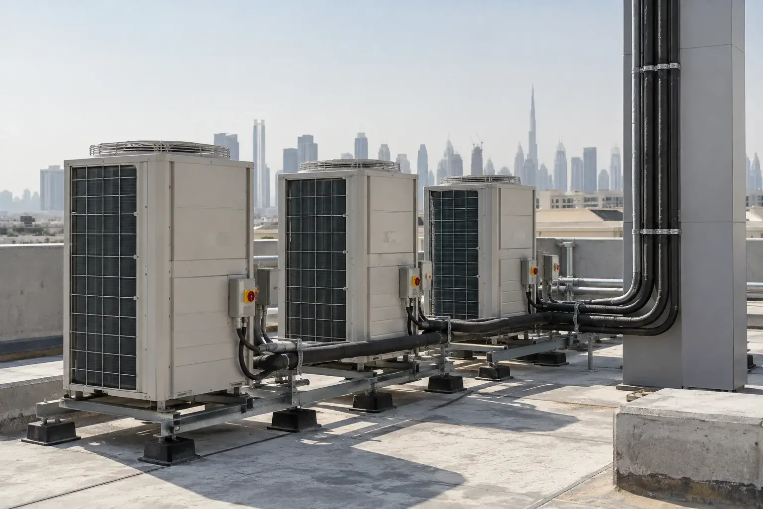 Commercial VRF outdoor condensing units on a Dubai rooftop with insulated pipework and anti-vibration mounts