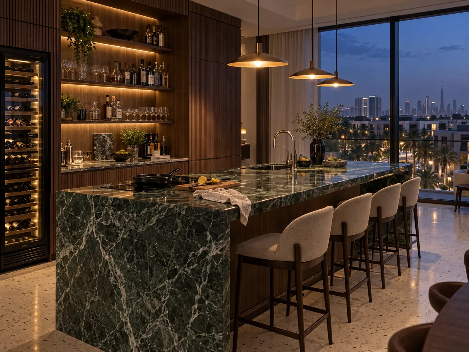 Penthouse kitchen with a green marble island and a fluted walnut bar wall at dusk
