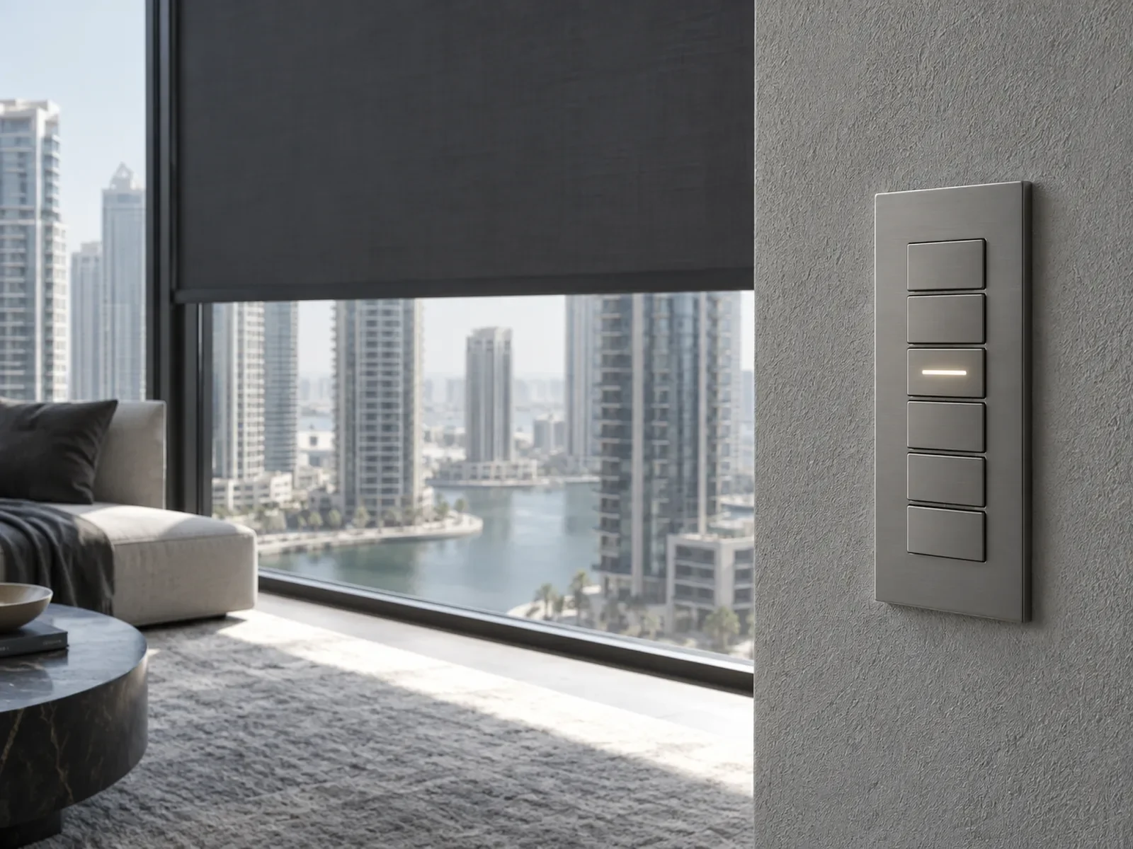Wall keypad beside a motorised blackout blind lowering across penthouse glazing in the afternoon sun