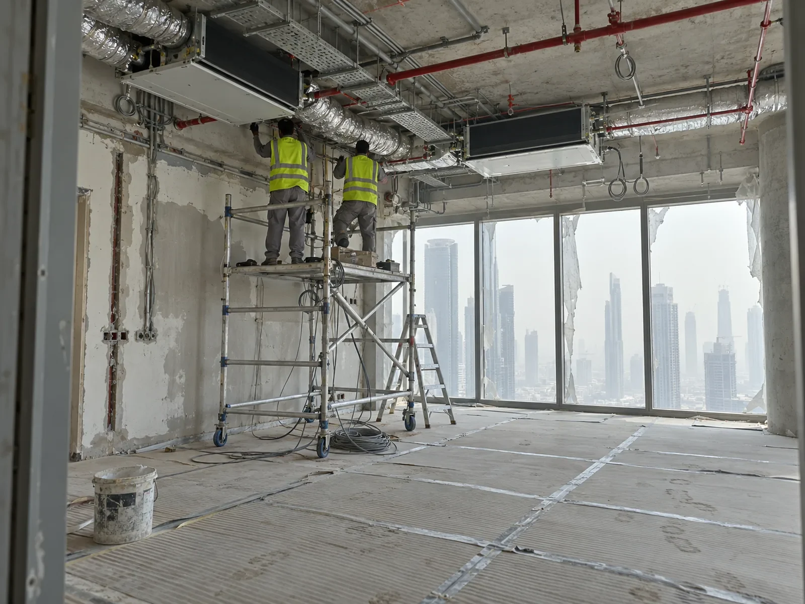 Penthouse ceiling opened to the slab with fan-coil units, ductwork and sprinkler pipework during renovation