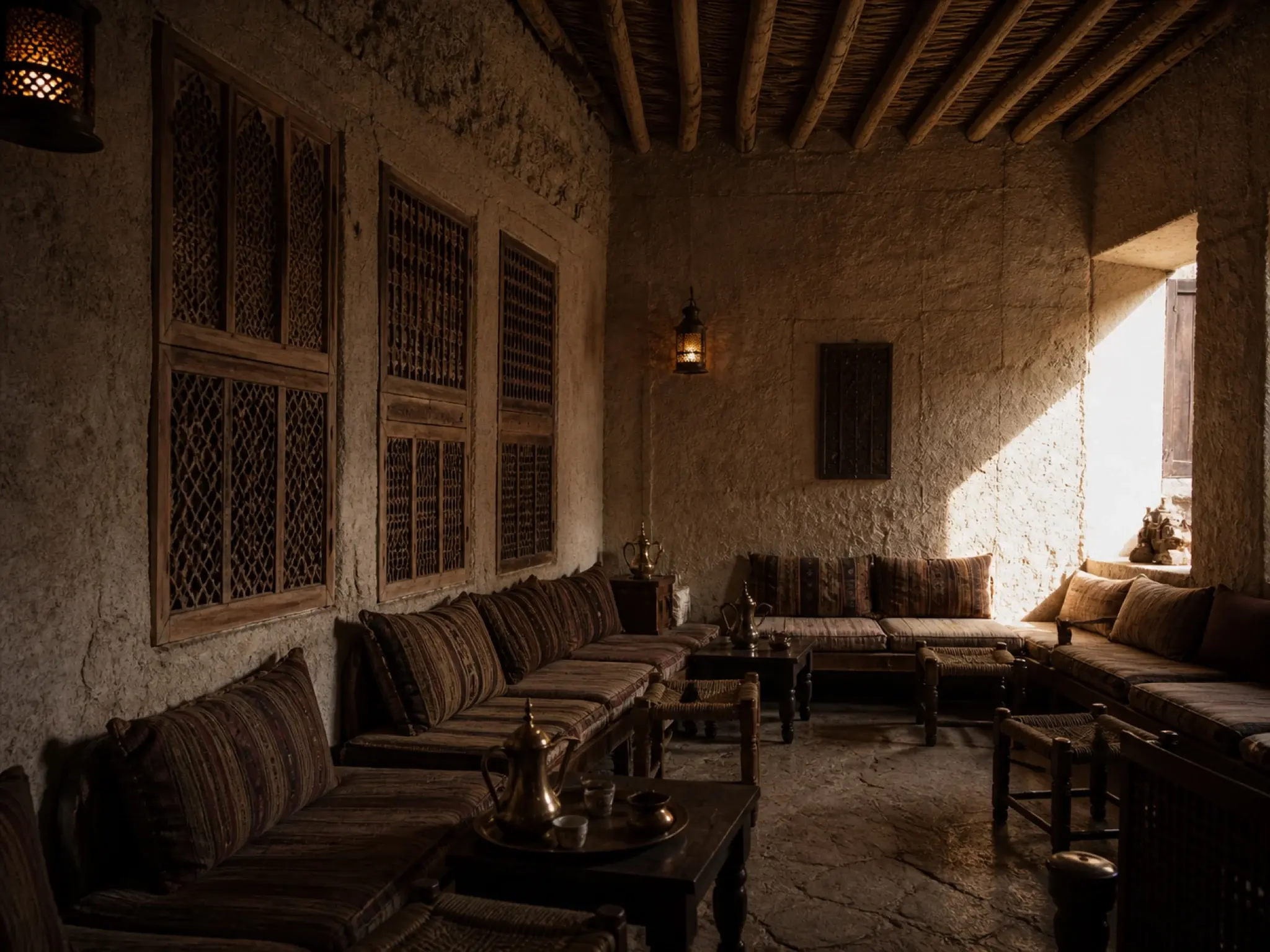 Heritage souk restaurant interior with coral stone walls, timber lattice screens and lantern lighting